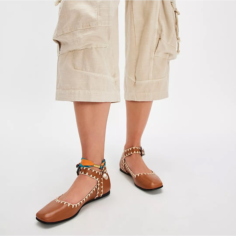 NWOT Free People Crochet Mystic Mary Jane Flats in Tan Size 6